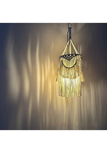 Maoyaya El Dokuması Etnik Püsküllü Abajur - Şık Ve Otantik Tarz Beyaz