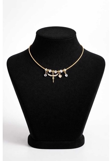 Işıltılı Melek Kanadı Ve Kalp Detaylı Gold Charm Kolye