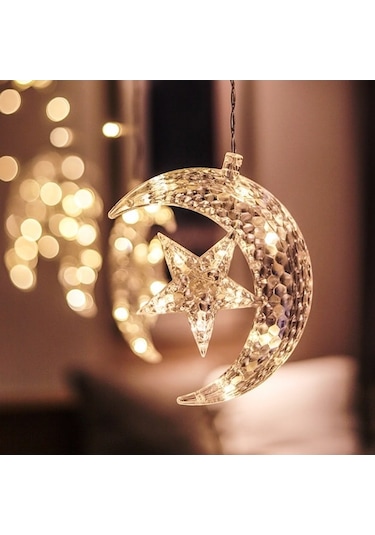 Fastbuy Ramazan Dekorasyonu Led Ay Yıldız Salkımlı Perde, Güneş Işığı Işıltısı Gün Işığı
