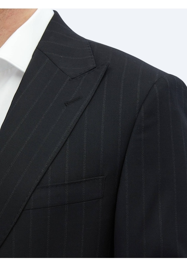 Siyah Çizgili Modern Fit Yün Karışımlı Takım Elbise Siyah