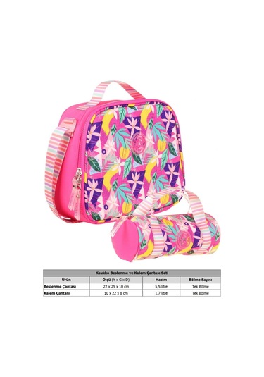 Kaukko Isı Yalıtımlı Beslenme Çantası Ve Kalemlik Seti - Kız Çocuğuna Özel - Yaprak Desenli - Pembe Renkli Pembe