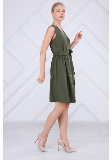 Kadın Bağlama Detaylı V Yaka Düğmeli Kolsuz Elbise 4320/95 001