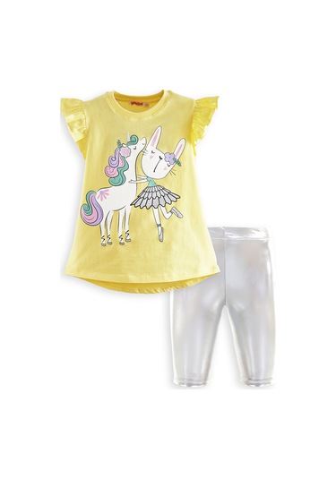 Denokids Unicorn Kız Çocuk T-shirt Metalik Tayt Takım Renkli Çok Renkli