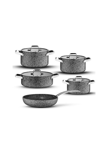 Brioni Stone-age 9 Parça Çizilmez Yanmaz Yapışmaz Indüksiyon Tencere Seti Gri