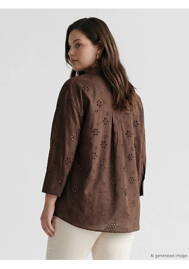 Lc Waikiki Kahverengi Ajurlu Oversize Kadın Gömlek