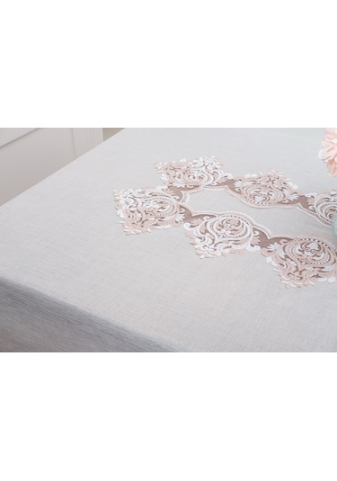 Finezza Laura Lüx Dantelli Simli Keten Kumaş Bej Masa Örtüsü  160x220 cm-1474