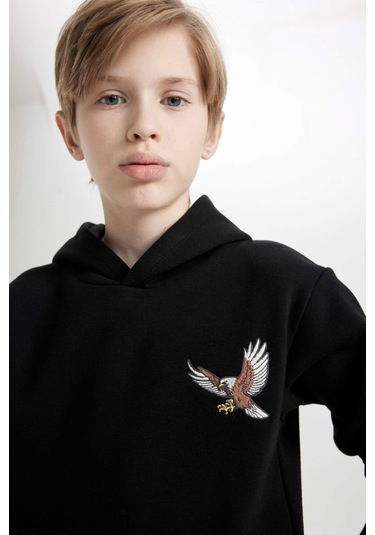 DeFacto Erkek Çocuk Baskılı Kapüşonlu Kalın Siyah Sweatshirt D3032A824WNBK81