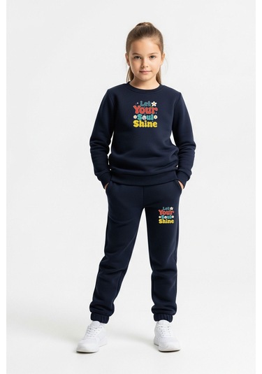 Düz Yuvarlak Yaka Your Shine Yazı Baskılı Kız Çocuk Eşofman Takımı Lacivert