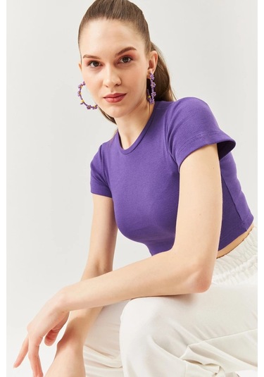 Kadın Kısa Kol Bisiklet Yaka Vücuda Oturan %100 Pamuklu Kaşkorse Esnek Crop Bluz Mor