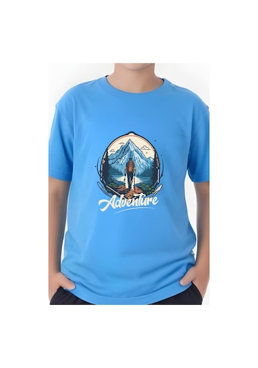 Adventure Baskılı Erkek Çocuk Yuvarlak Yaka Kısa Kollu T-shirt Mavi
