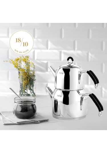 Nehir Modern Mini Küçük Boy 0.8-1.6 Lt. Paslanmaz Çelik Çaydanlık Takımı