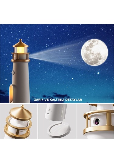 Hymark Deniz Feneri Projektör Ay Led Gece Lambası Kumandalı Kısılabilir Zamanlama Krem Üzeri Gold Patineli