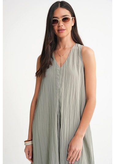 4700 Kadın V Yaka Önü Pileli Elbise Çağla Çağla Yeşili