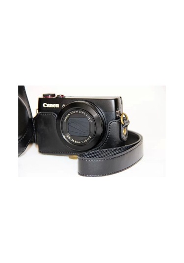 Butu Canon G7x İçin Omuz Askılı Koruyucu Deri Kamera Kılıfı - Siyah