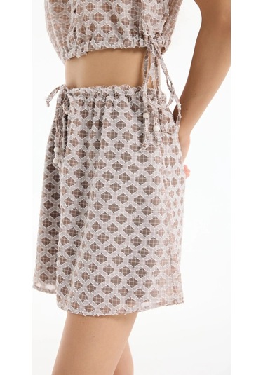 Modern Etnik Desenli Yüksek Bel Mini Etek Ve Bağlamalı Bluz Yazlık İkili Takım Kahve