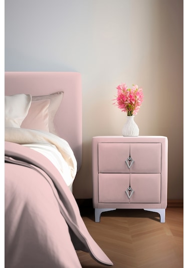 Harmony Silver Iki Çekmeceli Komodin- Yatak Odası Kumaş Döşemeli 2 Kapaklı Komodin Modeli Pembe
