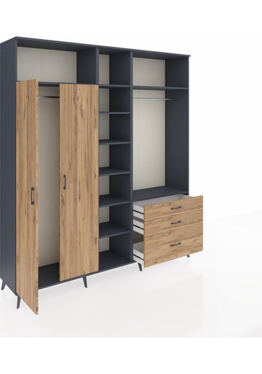 Hyperion Dolap 9 Raflı 3 Çekmeceli 2 Askılı 220x44x243 Antrasit-çam/çam Atlas Çam/atlas Çam