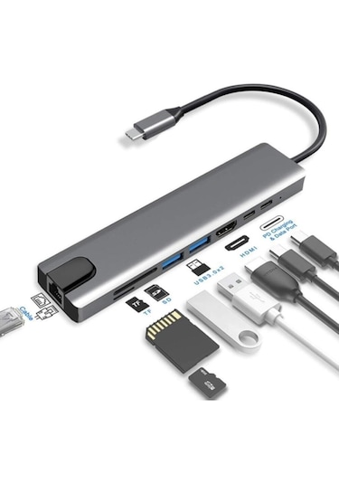 Grc Accessory 8 in 1 4K Type C USB 3.0 Hub HDMI RJ45 SDTF Adaptörü