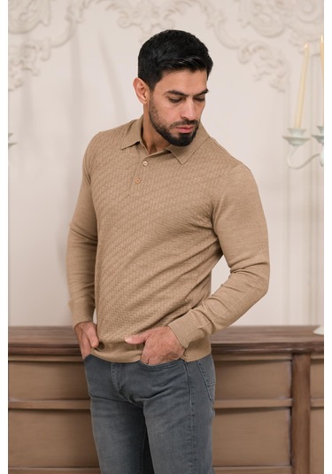 Woolen World Polo Yaka Slimfit Desenli Yünlü Erkek Triko Kazak Devetüyü