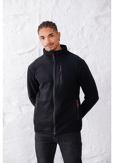 Monox Erkek Biyeli Fermuarlı Spor Polar Ceket Siyah