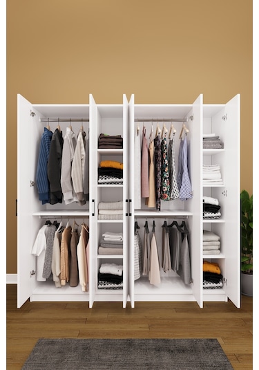 Asra Trend 6 Kapaklı Gardırop G-06 %100 MDF Çift Katlı Askılı Elbise Dolabı Beyaz