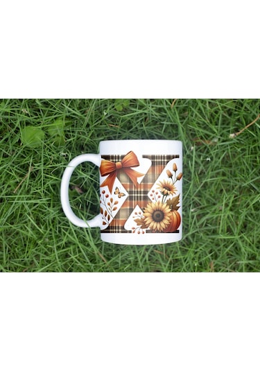 X Harfi Ekose Ve Sonbahar Temalı Kupa Bardak - Kişiye Özel Sıcak Tonlar Alfabe Kupa - Hediye Beyaz