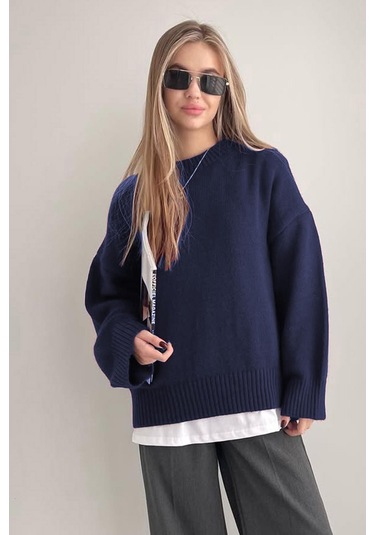 Lacivert Bisiklet Yaka Oversize Triko Kazak Mg1972 Lacivert