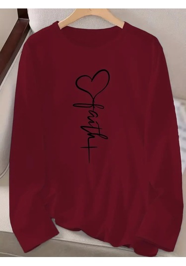 Supplierby Kadın Uzun Kollu Bisiklet Yaka Faith Baskılı Viskon Bluz Bordo