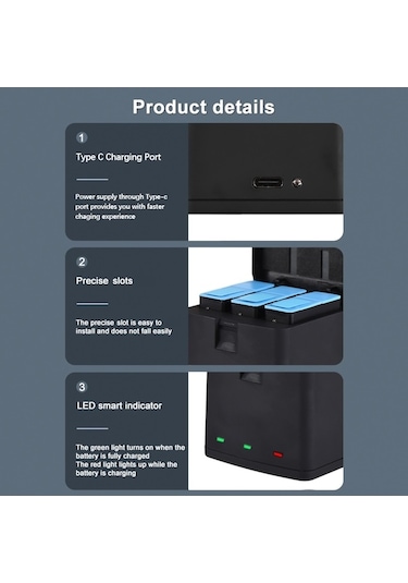 Trendooze Geeksen 3 Adet 1800mah Pil + 3 Yuvalı Pil Şarj Cihazı Usb Portu İle Gopro Hero 12/11/10/ Kamera Şarj Cihazı Vj