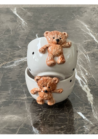 Meggdecor Teddy Bear 2 Adet Kabartma Kase 300ml Beyaz