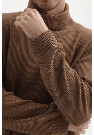 Erkek Balıkçı Yaka Fitilli Kazak Kahverengi Kahverengi