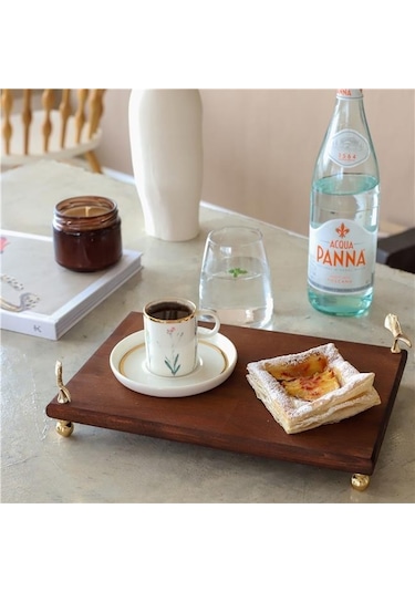 Akayev Ahşap 30x19 Cm Altın Ayaklı Ginkgo Sunum Tabağı Beyaz