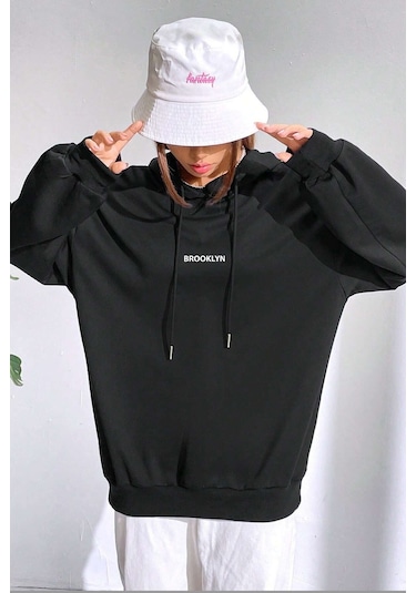 Unisex Oversize Brooklyn Baskılı Sweatshirt Siyah
