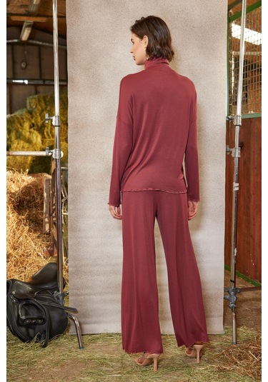 Monamise Kadın Balıkçı Yaka Çizgi Desenli Alt Üst Takım 21133 Kiremit