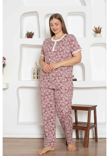 Kadın Çiçek Desen Bisiklet Yaka 3 Düğmeli %100 Pamuk Penye İnce Yazlık Kısa Kol Pijama Takımı Mürdüm