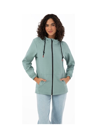 Kadın Astarlı Su Geçirmez Ve Rüzgara Dayanıklı Kapüşonlu İç Cepli Mevsimlik Yağmurluk Mint Yeşil