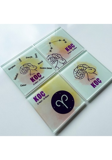 Decorita Cam Bardak Altlığı Burçlar - Koç Burcu 4'lü Takım 10 x 10 CM Çok Renkli