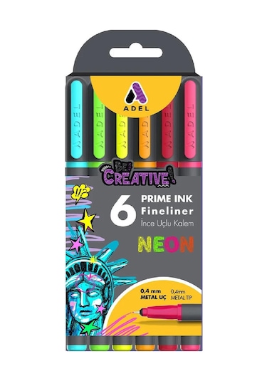 Adel Prime Ink İnce Uçlu Fineliner Kalem Metal Uç Neon Renkler 0.4 Mm 6 Lı