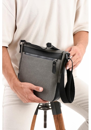 Kanvas Kumaş Tablet Çantası Erkek Postacı Çanta 27 23 Cm Çapraz Askılı Omuz Çantası Gri