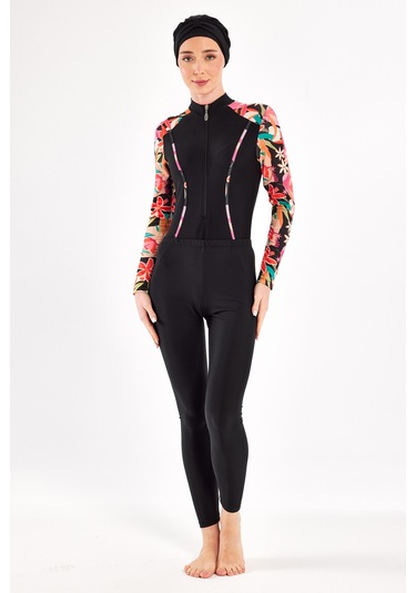 3 Farklı Şekilde Giyilebilir Likralı Etekli Tesettür Mayo Dora 1108 Siyah Siyah01 Siyah