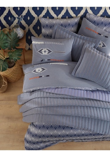 Yatak Örtüsü Seti & Nakışlı Nevresim Takımı Mavi 9 Parça Mavi