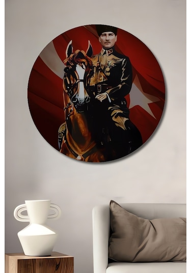 Mustafa Kemal Atatürk At Üzerinde Yağlı Boya Görünümlü Ahşap Dekoratif Tablo Yuvarlak Duvar Tablosu Uynkfrk70454