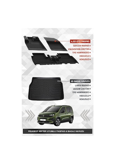 Sahler Peugeot Rifter 2019+ Uyumlu 4.5d Premium Havuzlu Oto Paspas Ve Liner Marka 3d Bagaj Havuzu