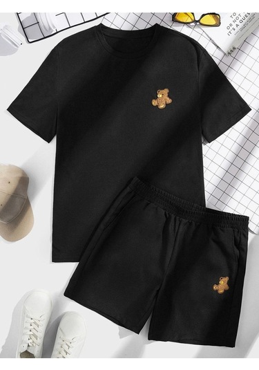 Ayıcık T-shirt Şort - Siyah Alt Üst Kombin Şort Tişört Takım Baskılı Oversize Bisiklet Yaka Siyah