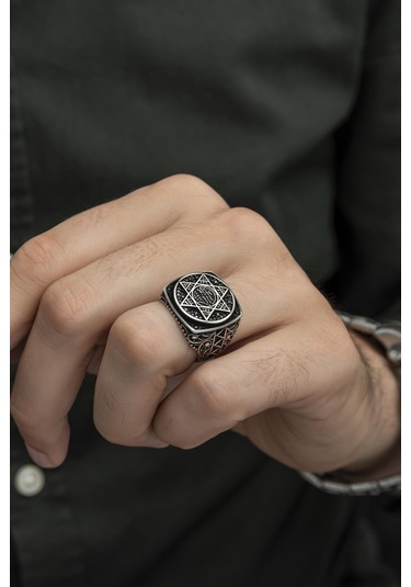 Süleyman Mührü Desenli Mikro Taşlı 925 Gümüş Erkek Yüzük