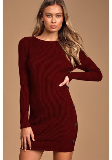 Kadın Geniş Yaka Uzun Kol Yandan Düğme Detaylı Bordo Triko Elbise Bordo