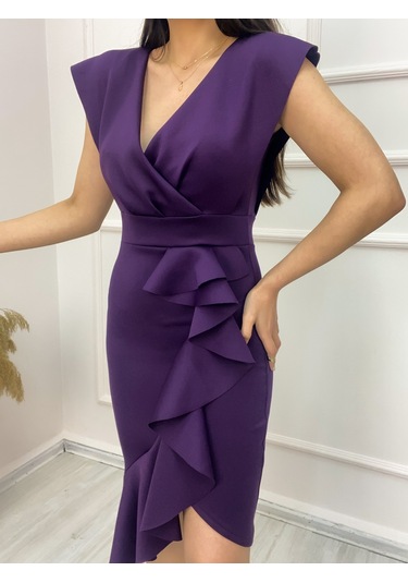 Scuba Kumaş Önü Fırfırlı Midi Boy Elbise Bediva 001