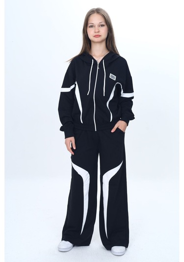 Kız Çocuk %100 Pamuk Garnili Kapüşonlu Fermuarlı Oversize Alt&üst Trend Eşofman Takımı-315-eşt-0003 Siyah