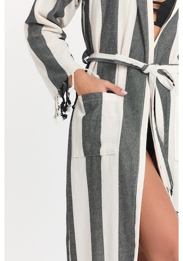 Mulberry Striped Peştemal Bornoz Banyo Ve Plaj Elbisesi Siyah