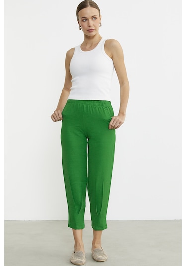 Paça Büzgü Detaylı Krep Pantolon - Yeşil Yeşil